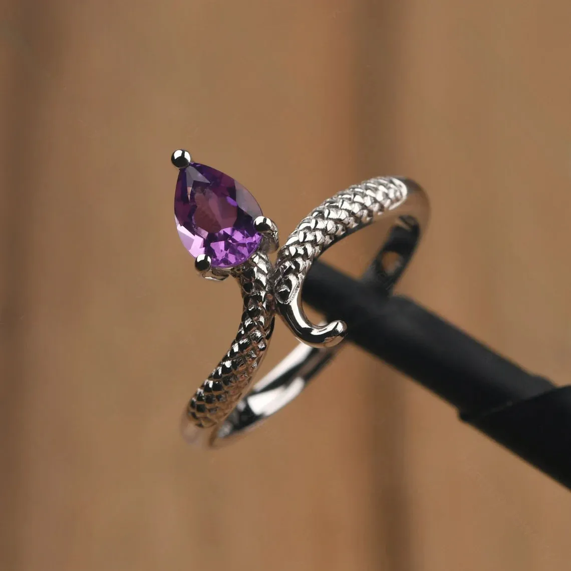 Natural Teardrop Amethyst Snake Vintage Ring - 925 Sterling Silver Rings