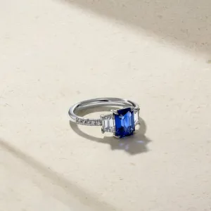 Nouveau Three Stone Emerald Cut Sapphire and Diamond Ring