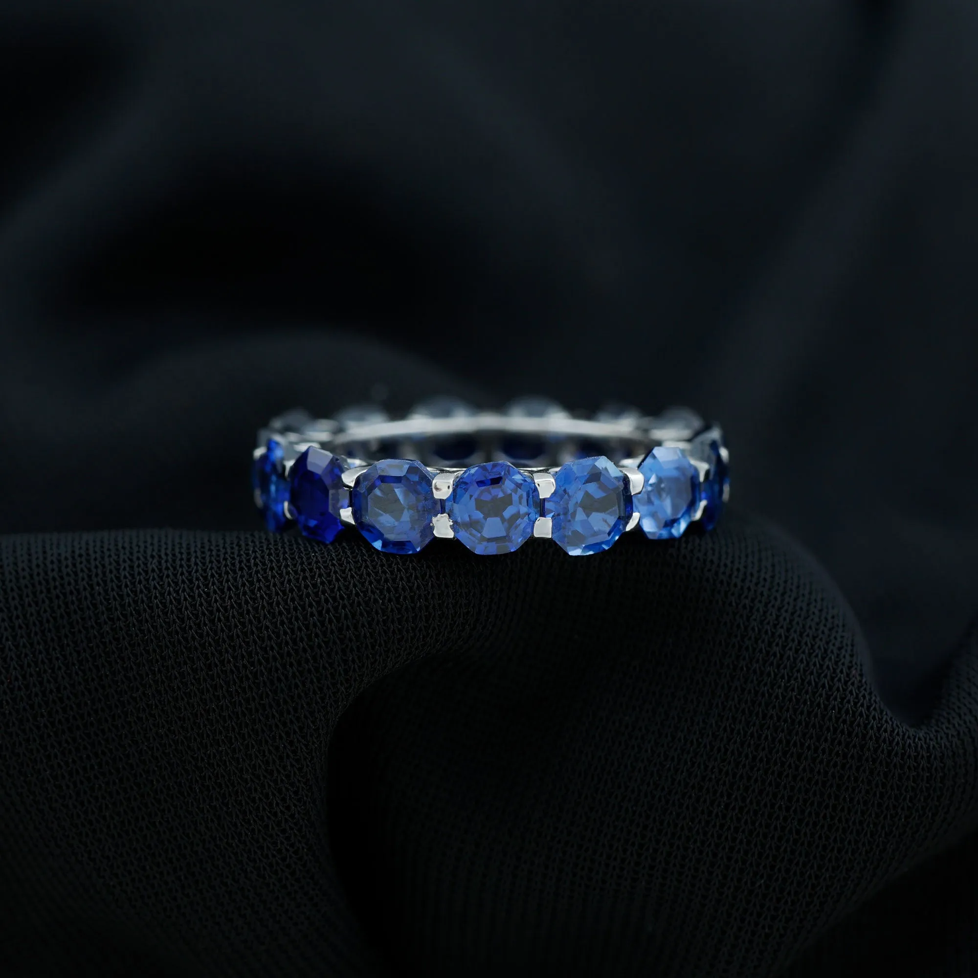 Octagon Cut Lab Grown Blue Sapphire Eternity Band Ring