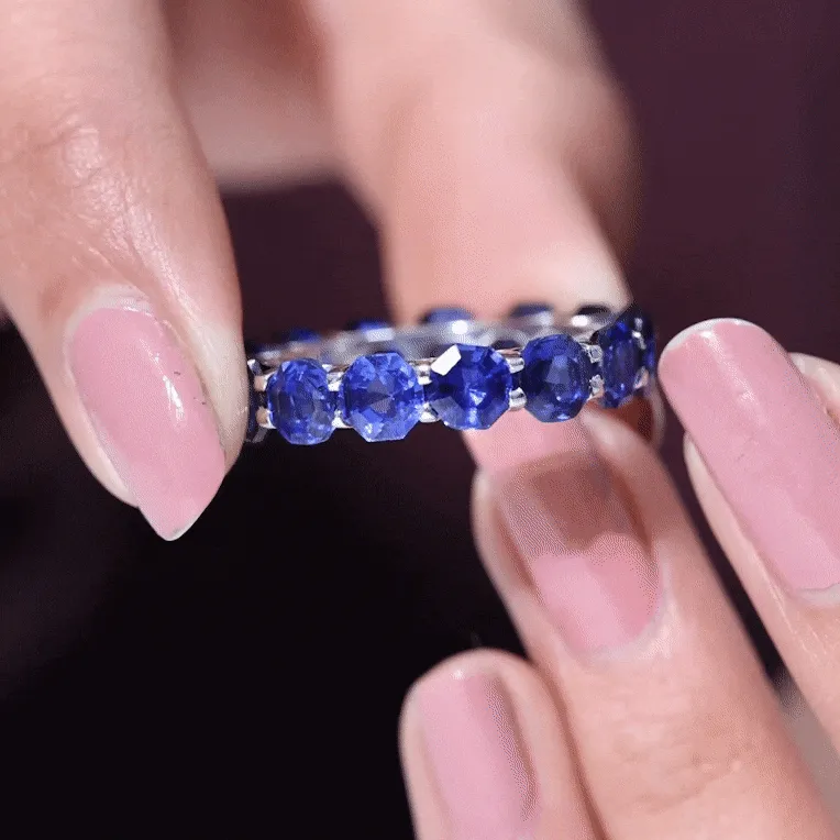 Octagon Cut Lab Grown Blue Sapphire Eternity Band Ring