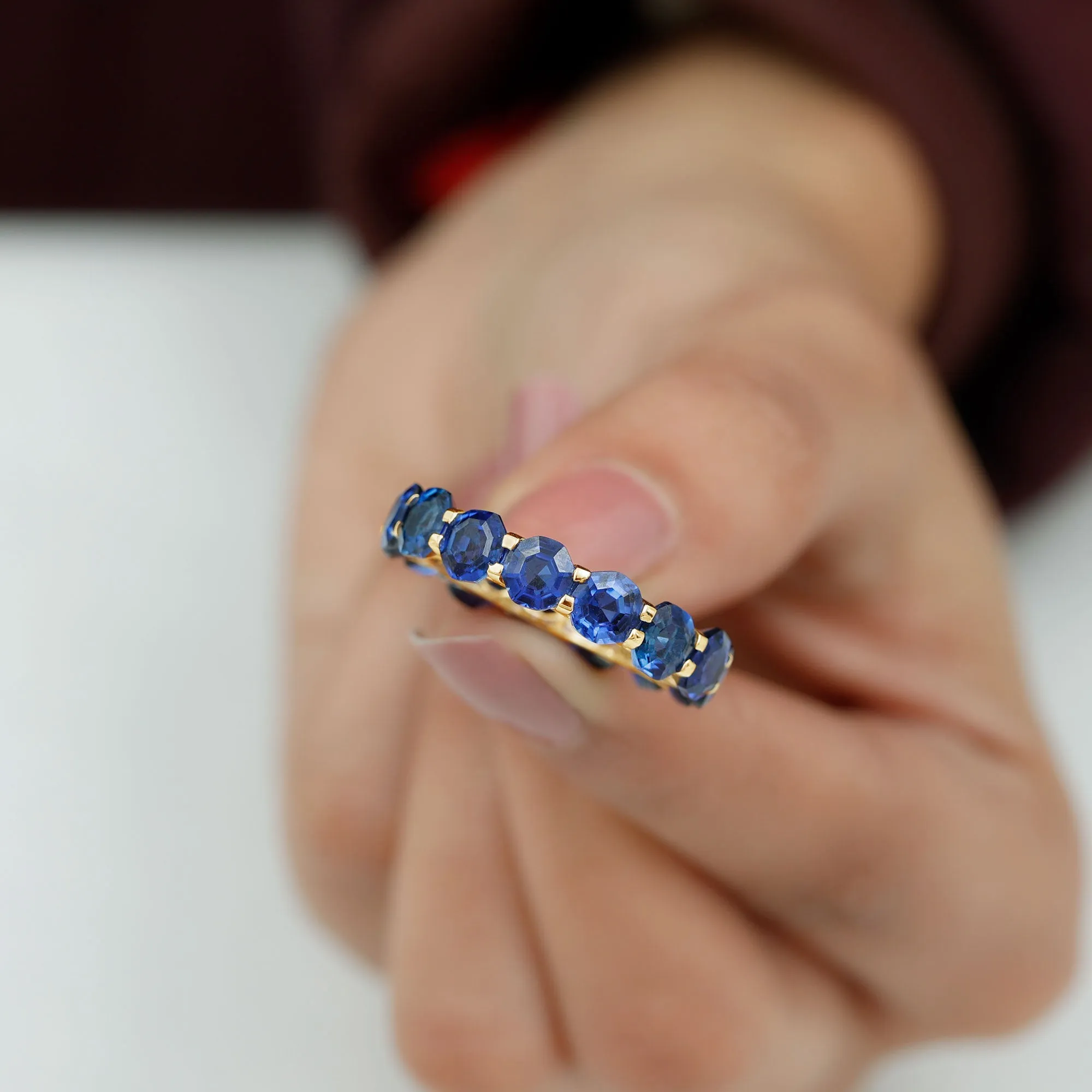 Octagon Cut Lab Grown Blue Sapphire Eternity Band Ring