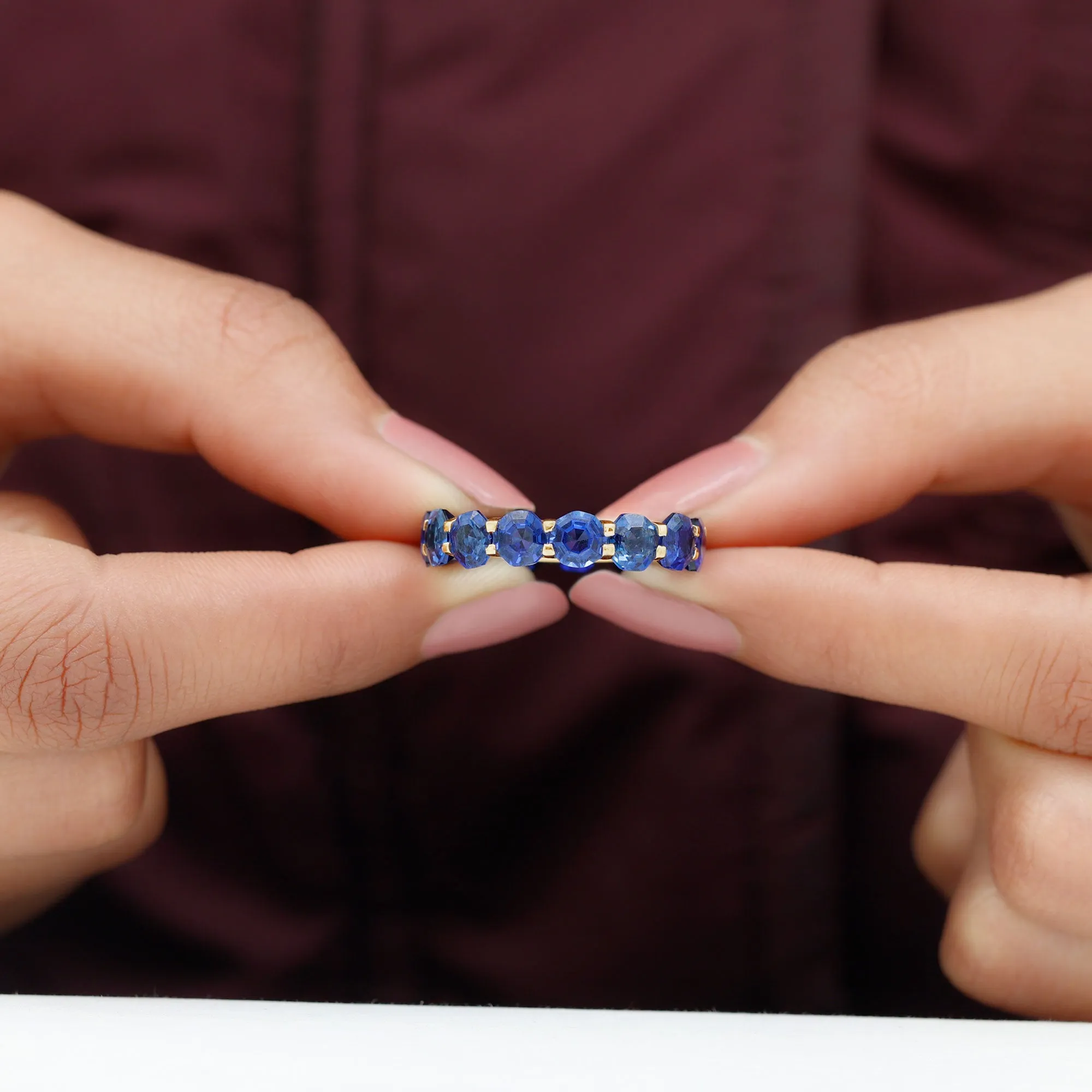 Octagon Cut Lab Grown Blue Sapphire Eternity Band Ring