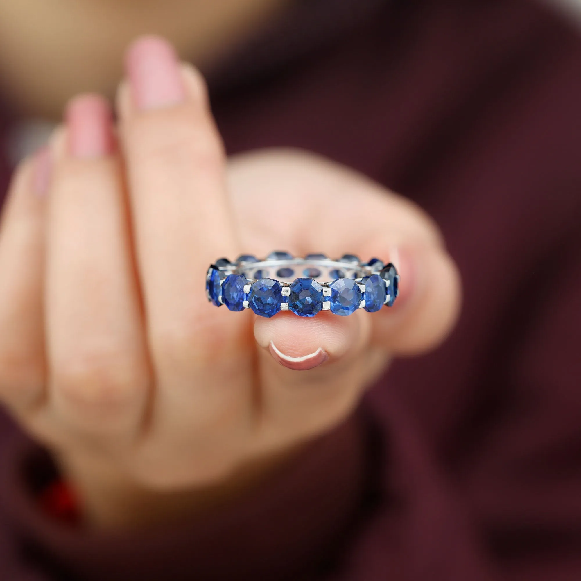 Octagon Cut Lab Grown Blue Sapphire Eternity Band Ring