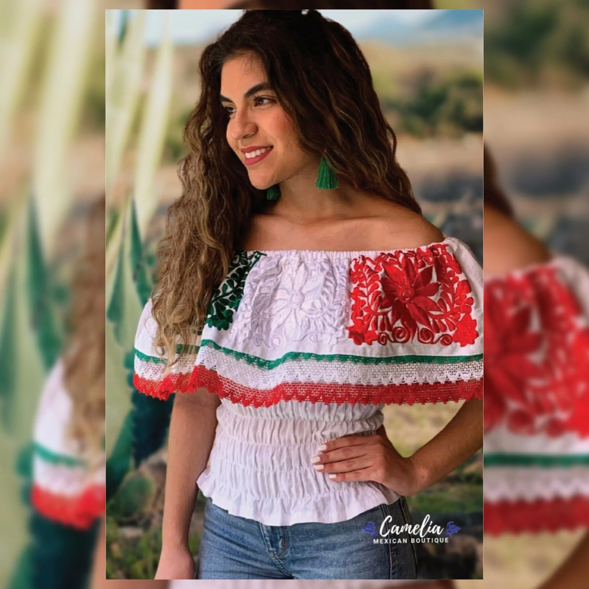 Off Shoulder Tri-Color VIVA MEXICO Blouse Elastic