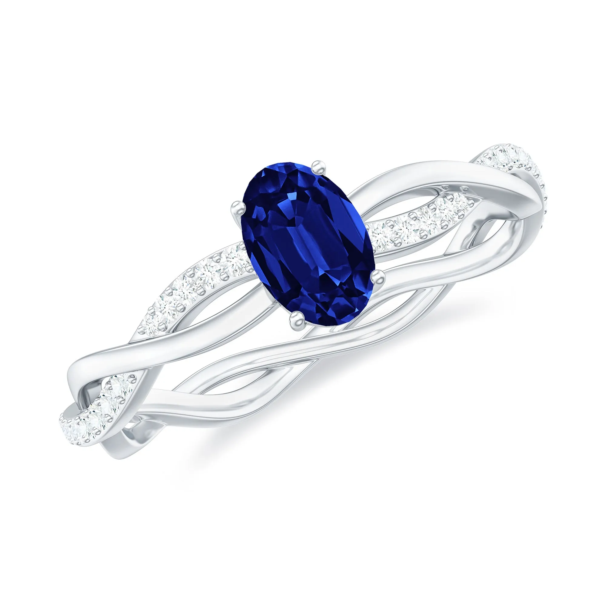 Oval Cut Solitaire Created Blue Sapphire Braided Engagement Ring with Diamond