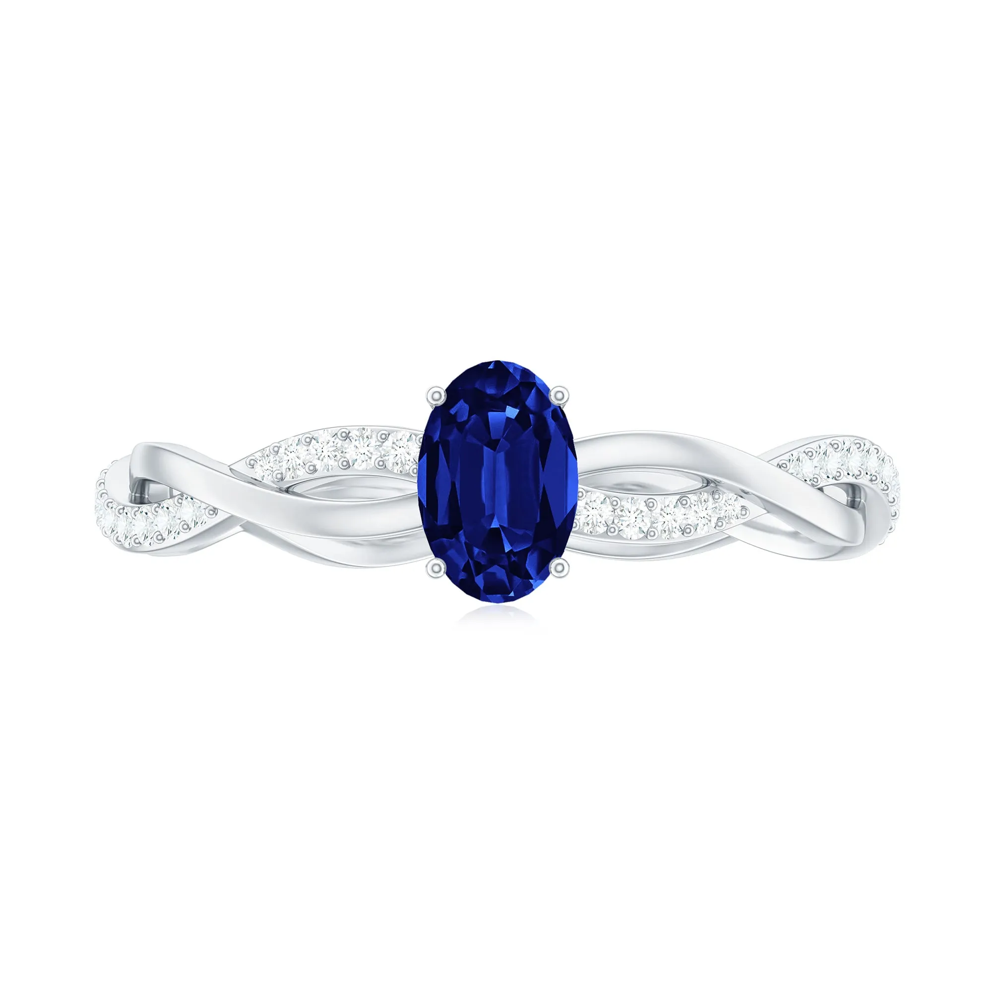 Oval Cut Solitaire Created Blue Sapphire Braided Engagement Ring with Diamond