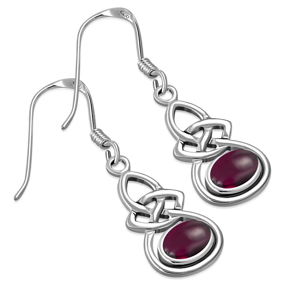 Oval Garnet Celtic Knot Silver Earrings