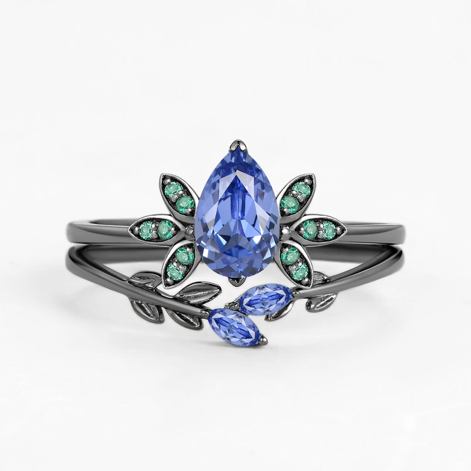 Pear Cut Lab Cornflower Blue Sapphire Leafy Ring Set 2pcs