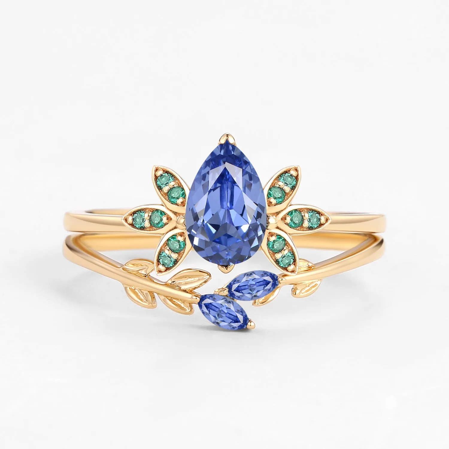 Pear Cut Lab Cornflower Blue Sapphire Leafy Ring Set 2pcs