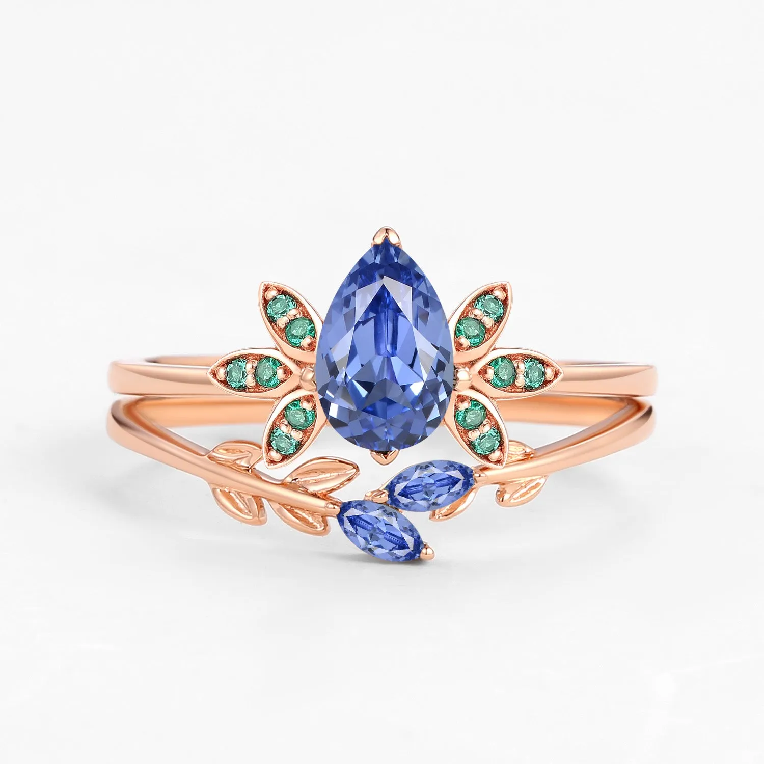 Pear Cut Lab Cornflower Blue Sapphire Leafy Ring Set 2pcs