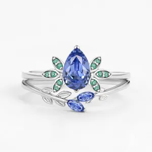 Pear Cut Lab Cornflower Blue Sapphire Leafy Ring Set 2pcs