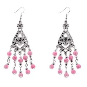 Pink and Silver Beaded Flower Dangle Earrings