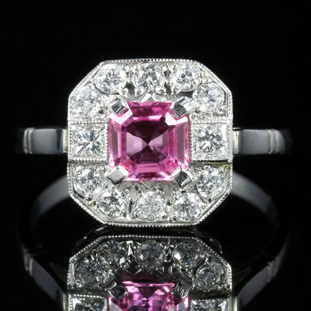 Pink Sapphire Diamond Ring 18Ct White Gold Princess Cut Sapphire