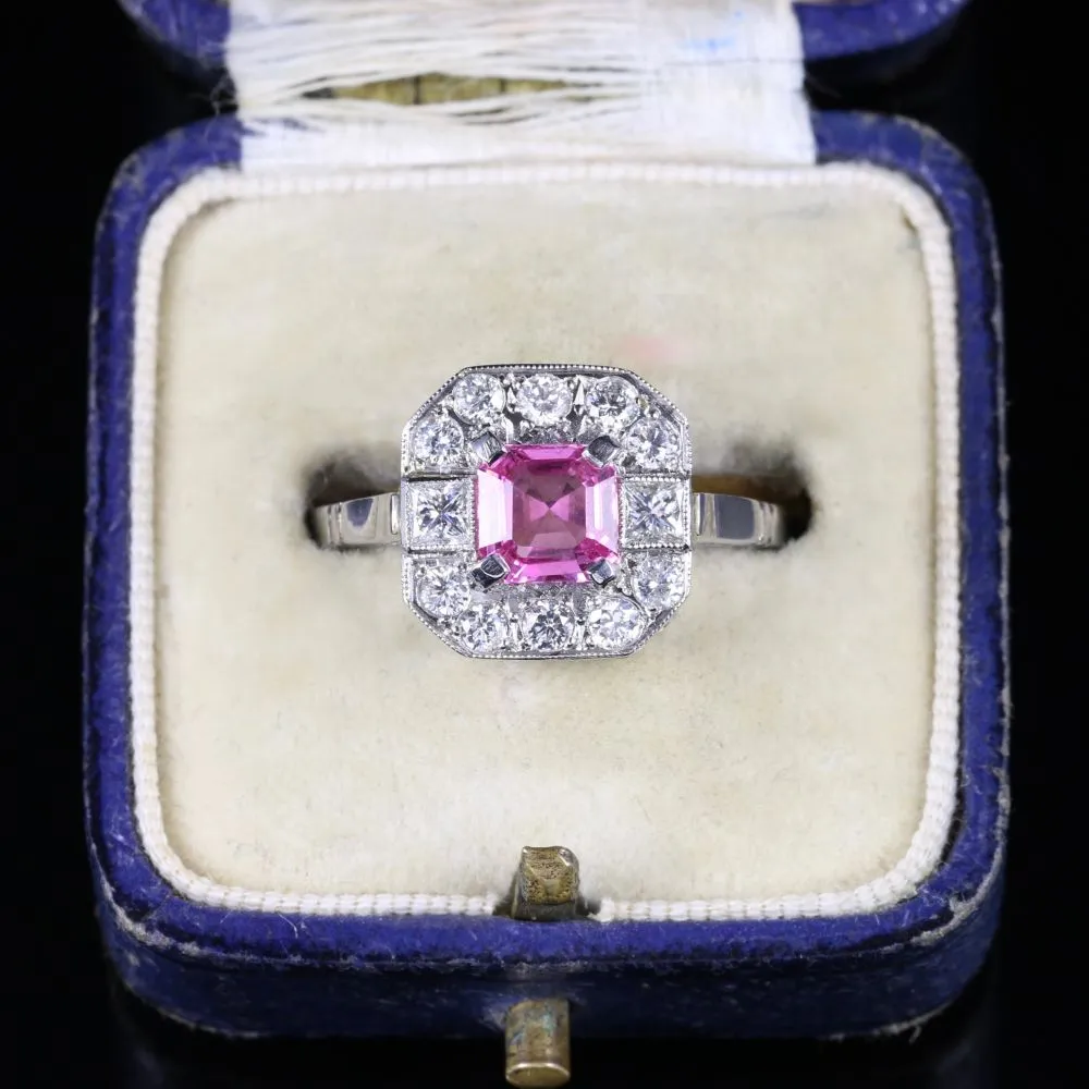 Pink Sapphire Diamond Ring 18Ct White Gold Princess Cut Sapphire