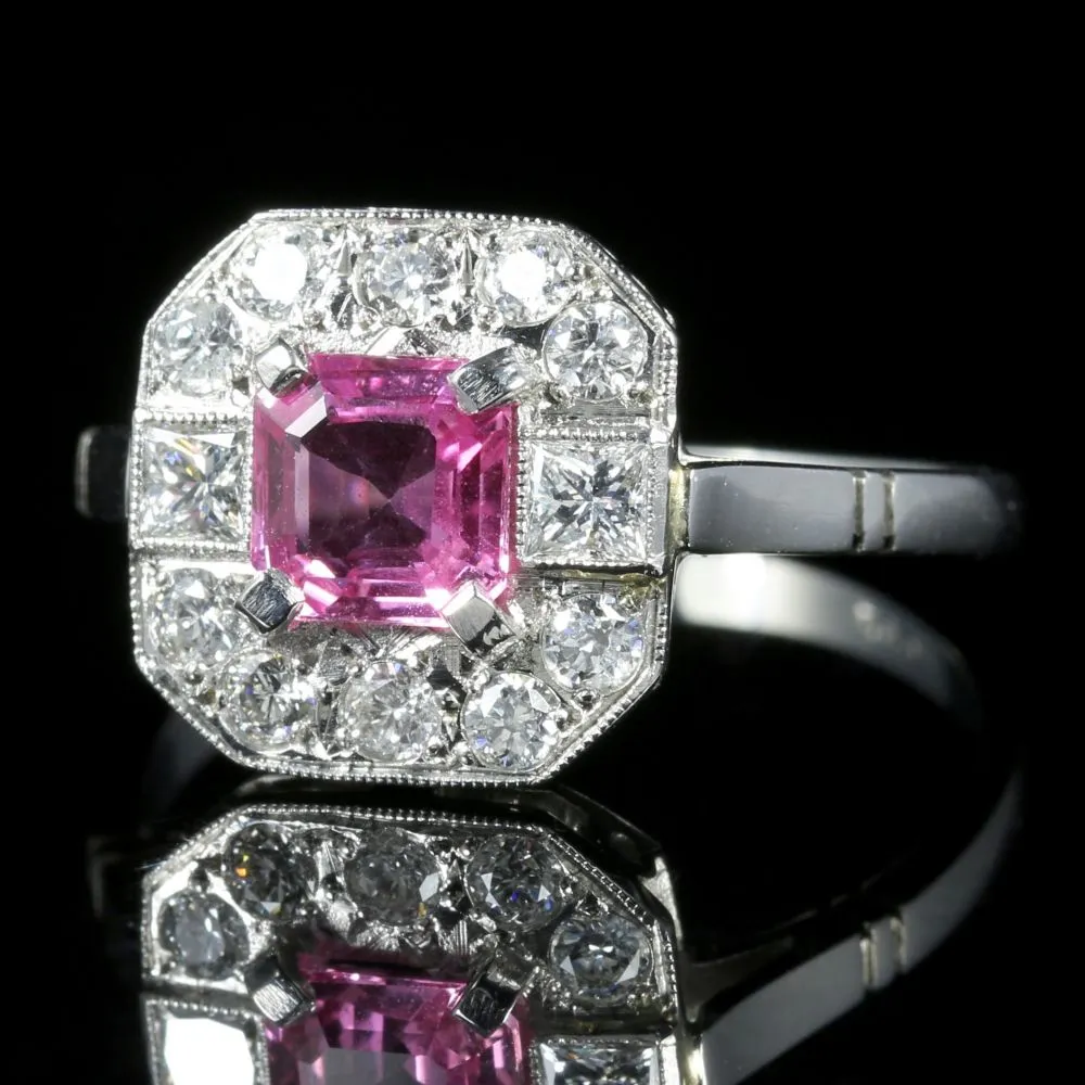 Pink Sapphire Diamond Ring 18Ct White Gold Princess Cut Sapphire