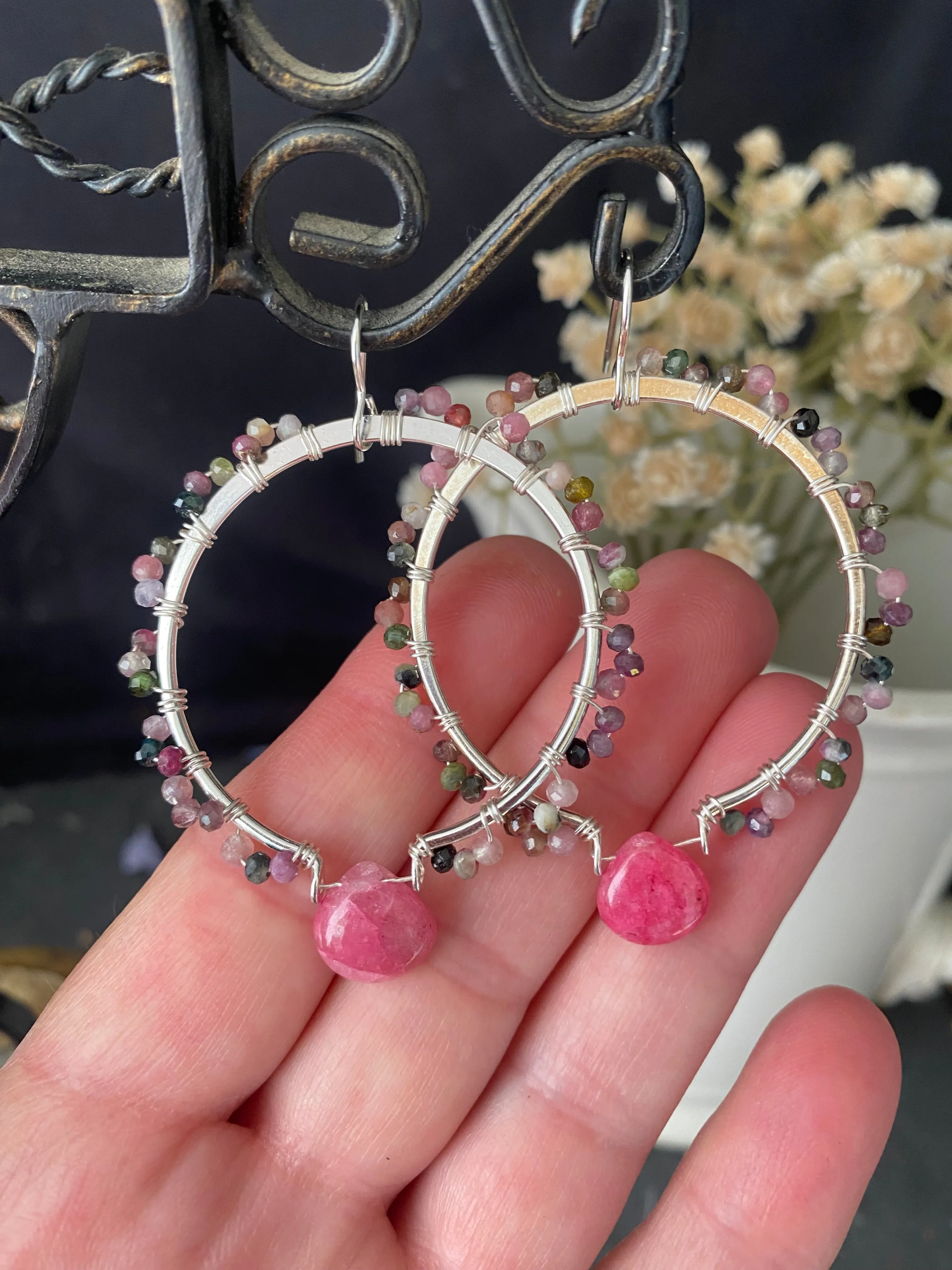 Pink tourmaline, wire wrapping, copper hoop earrings