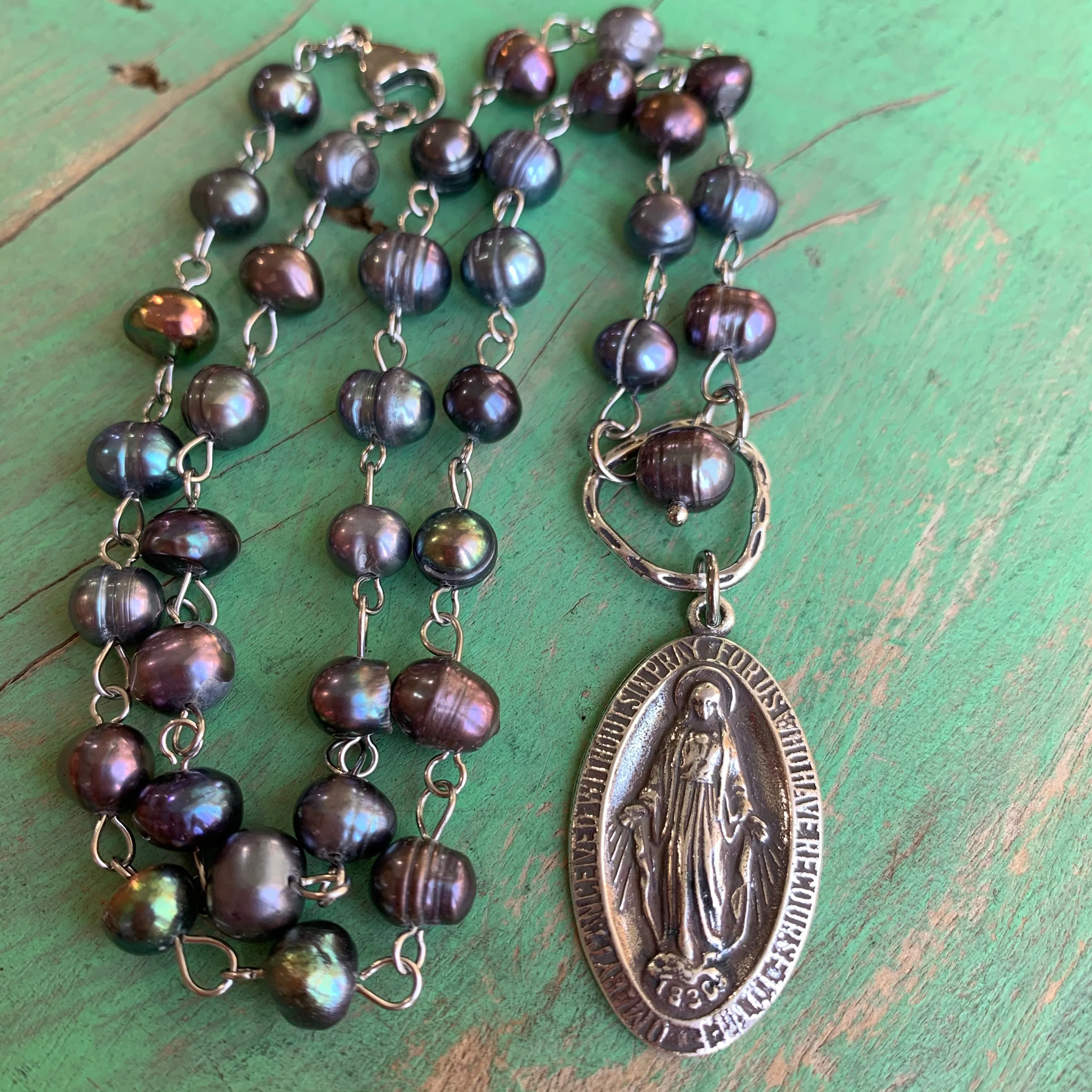 Prussian Blue Pearl Miraculous Medal Set