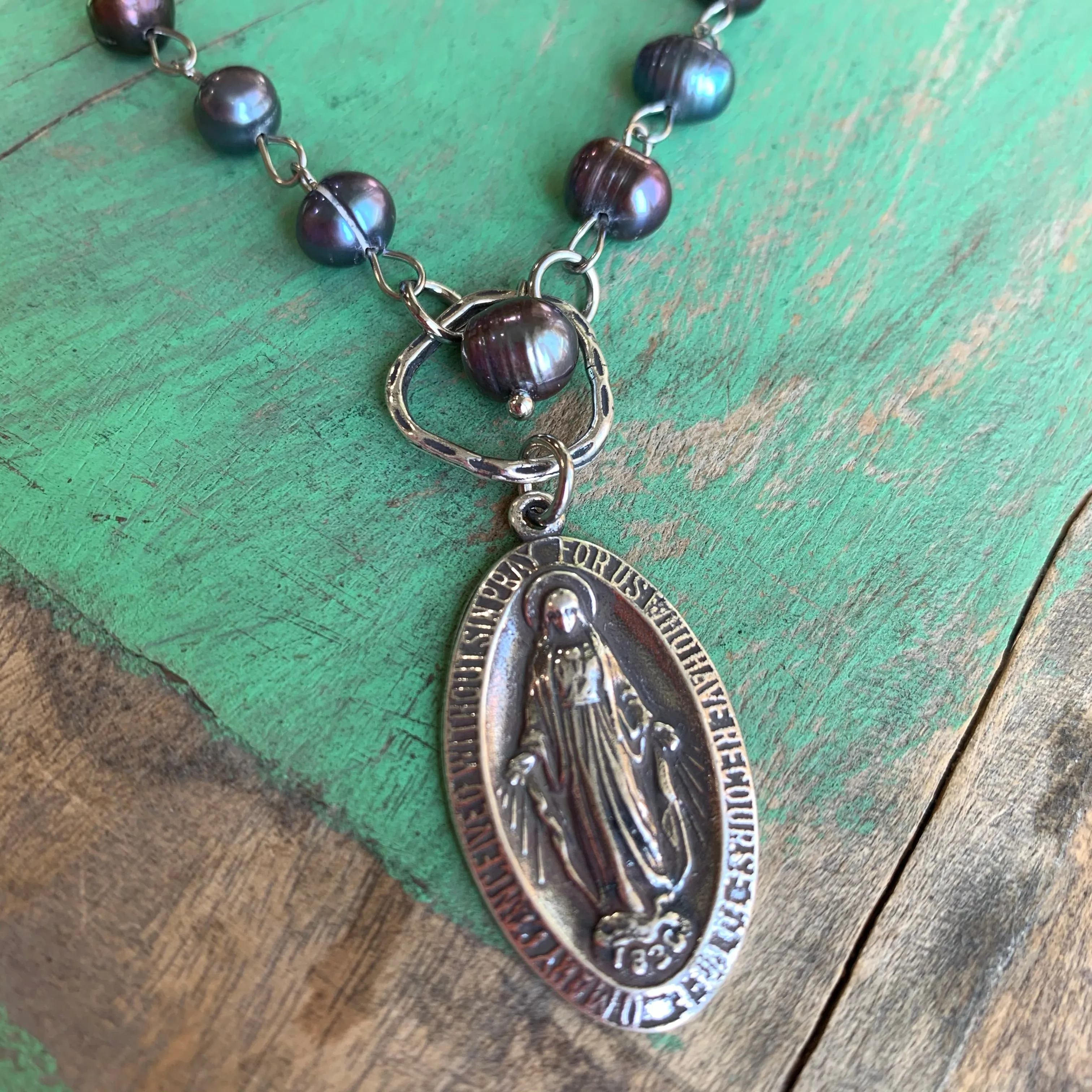 Prussian Blue Pearl Miraculous Medal Set