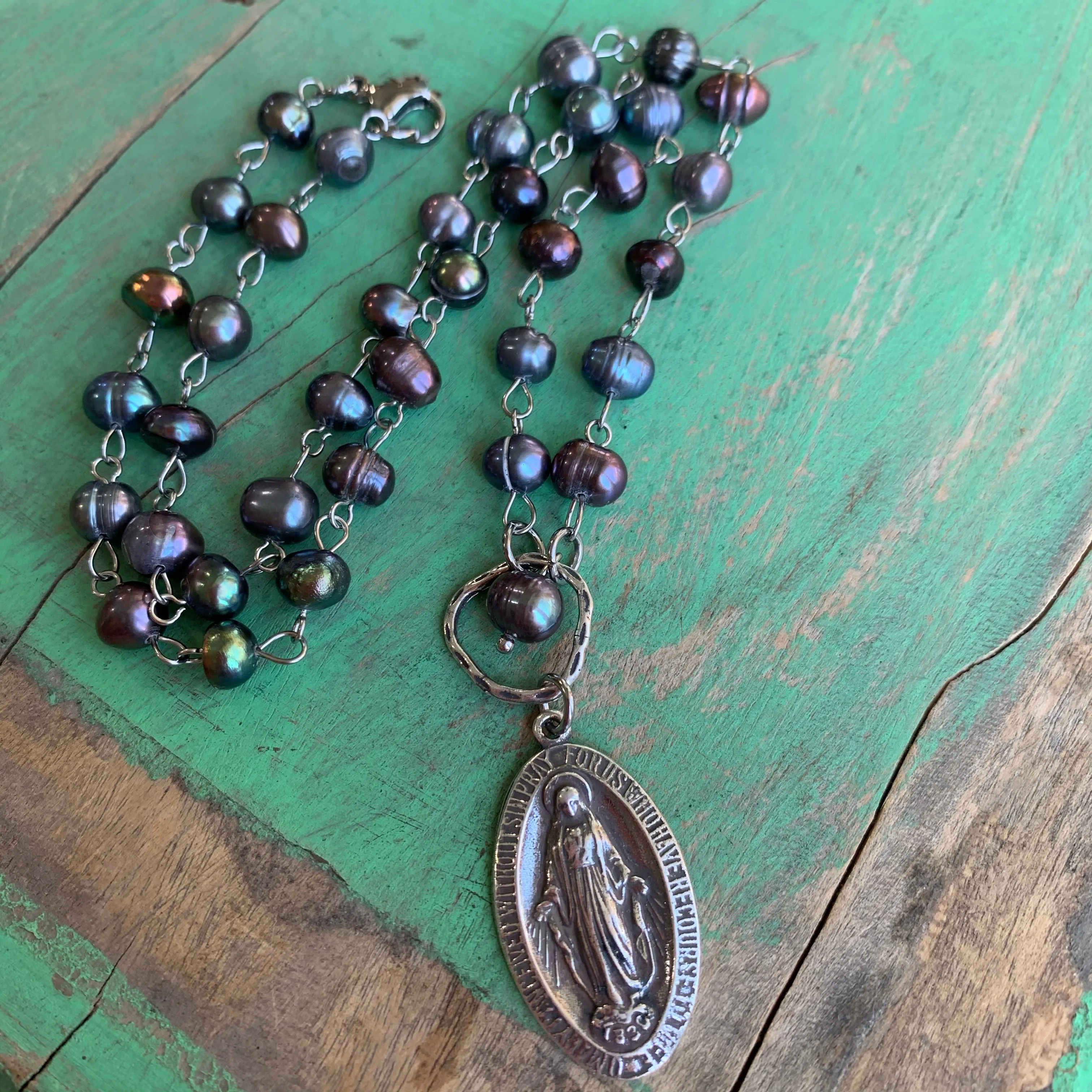 Prussian Blue Pearl Miraculous Medal Set