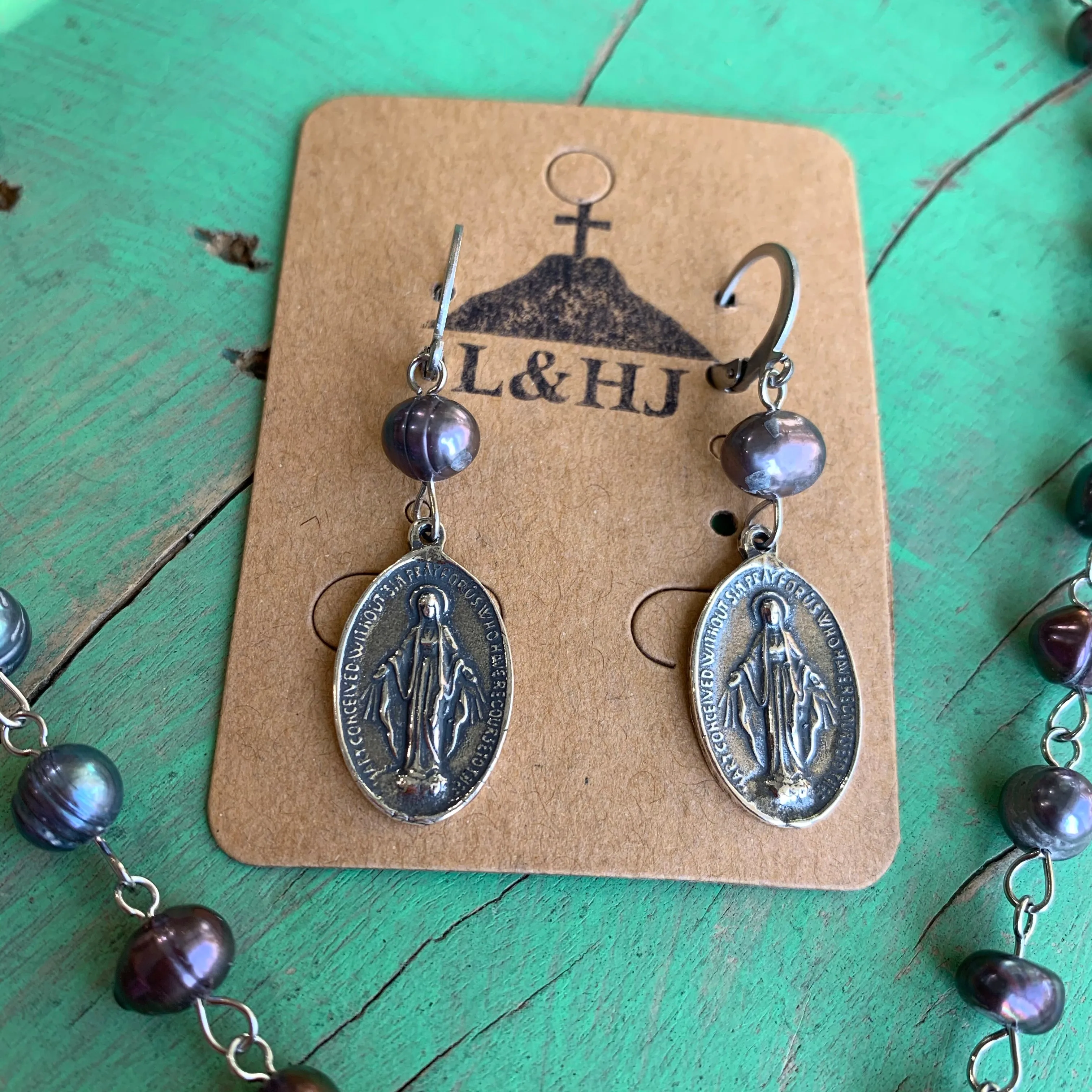 Prussian Blue Pearl Miraculous Medal Set