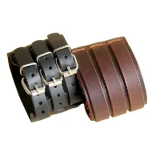 Punk Rock New 2 Layer Belt Men Genuine Cow Leather Bracelet 3 Buckle Wristband Cuff Bangle