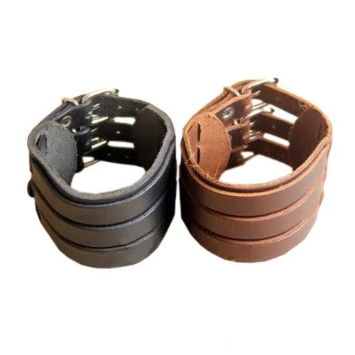 Punk Rock New 2 Layer Belt Men Genuine Cow Leather Bracelet 3 Buckle Wristband Cuff Bangle