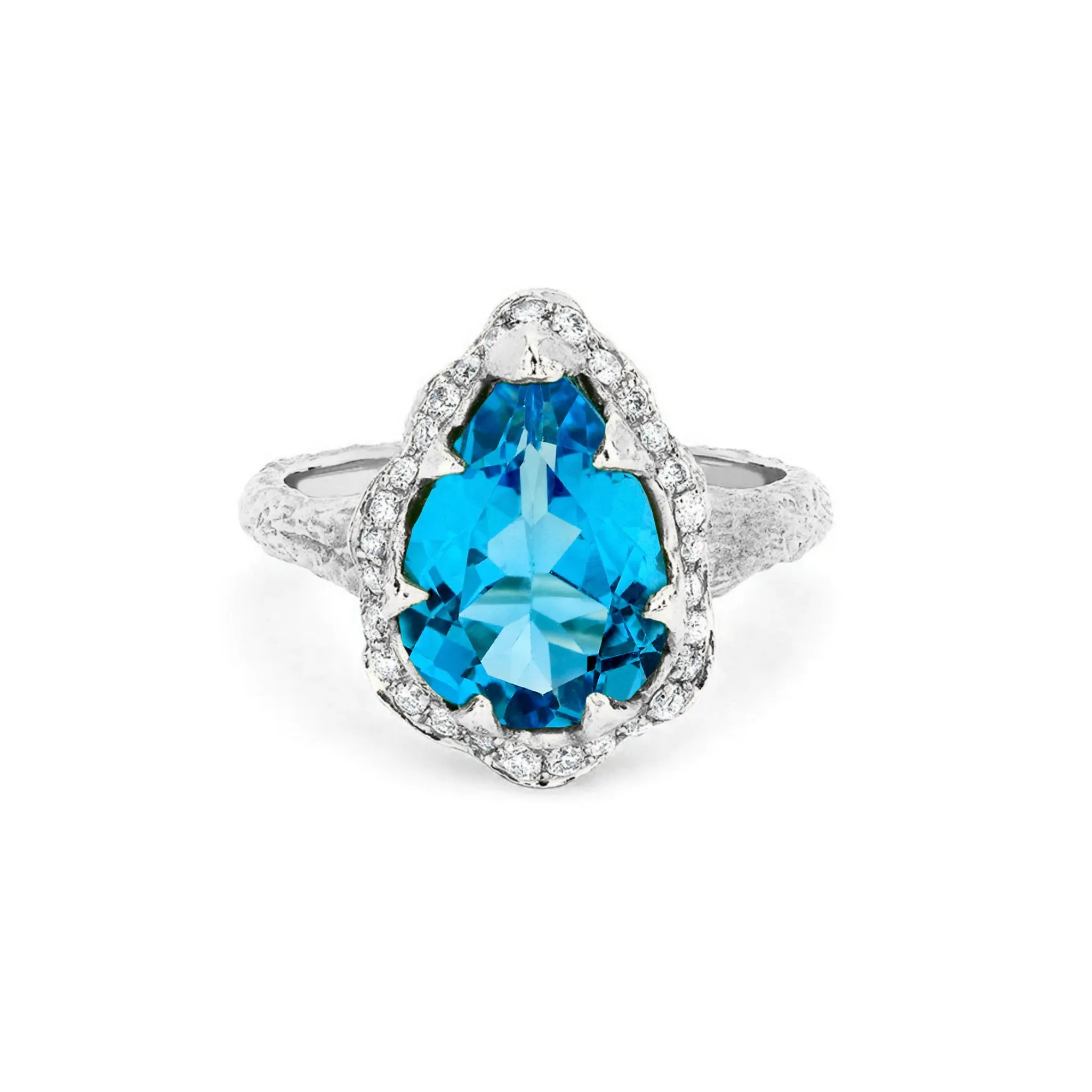 Queen Water Drop Blue Topaz Ring with Full Pavé Halo