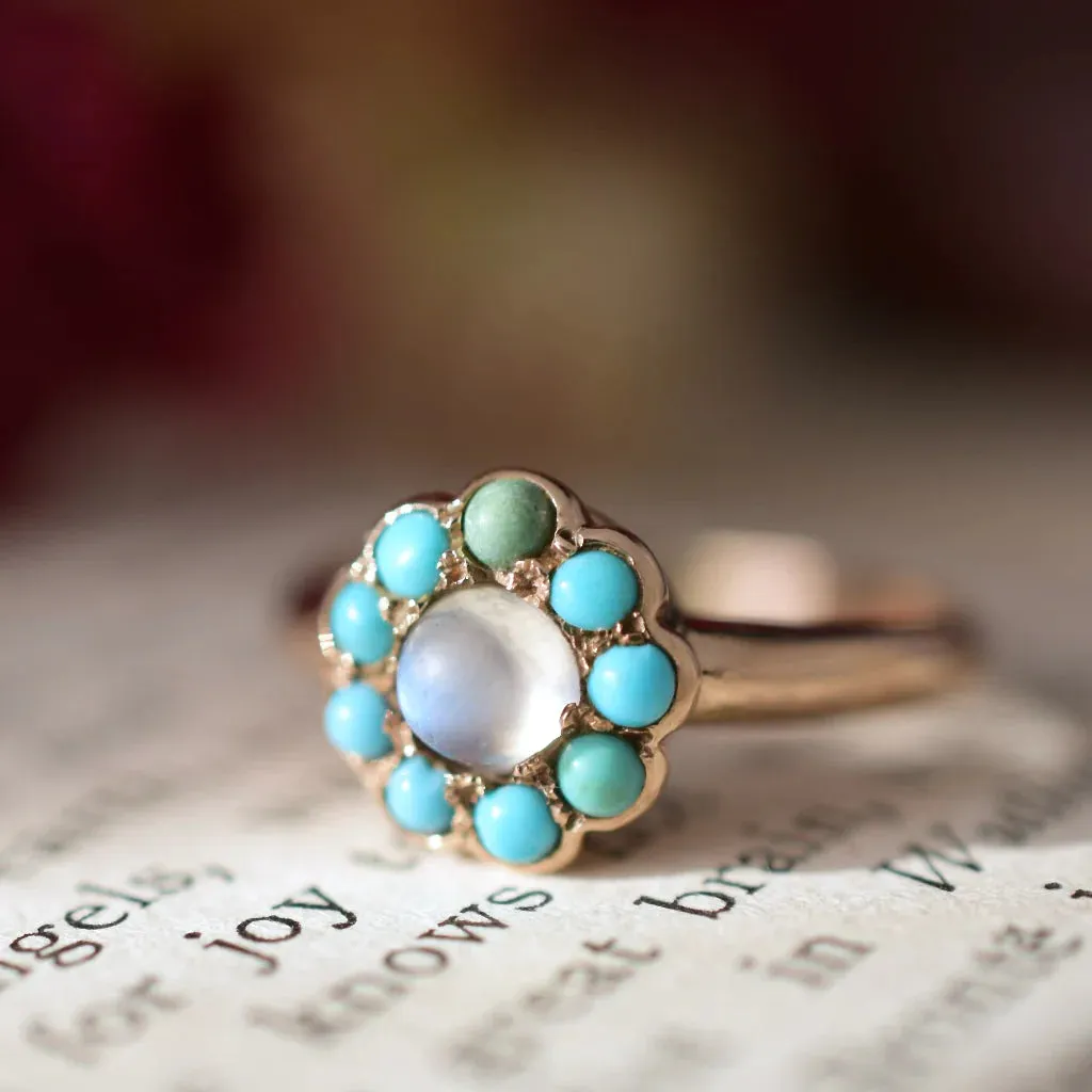 Rainbow Moonstone And Turquoise Round Cut Cluster Vintage Rings  - 14k Rose Gold Vermeil Rings