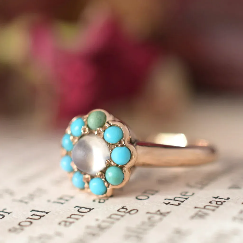 Rainbow Moonstone And Turquoise Round Cut Cluster Vintage Rings  - 14k Rose Gold Vermeil Rings