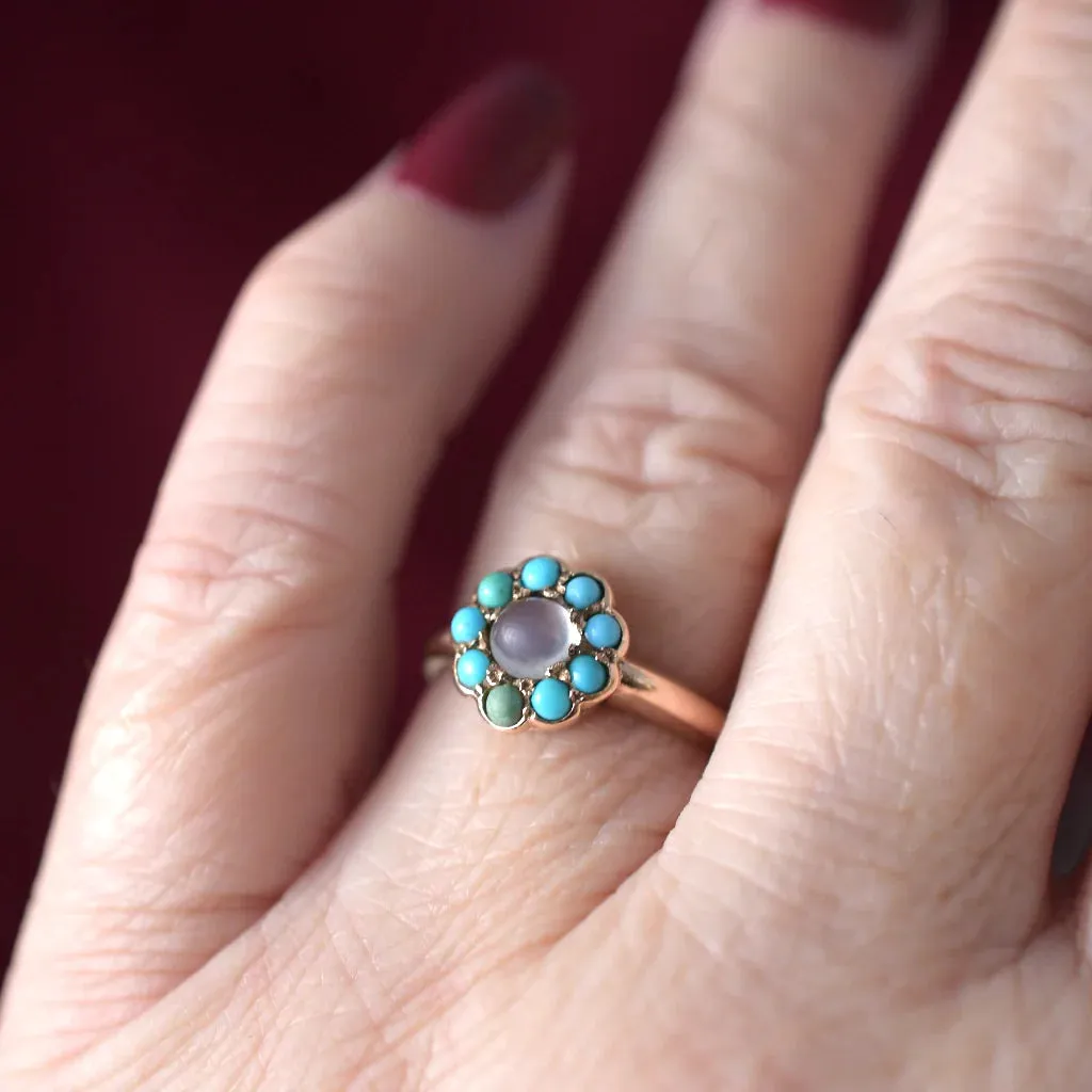 Rainbow Moonstone And Turquoise Round Cut Cluster Vintage Rings  - 14k Rose Gold Vermeil Rings