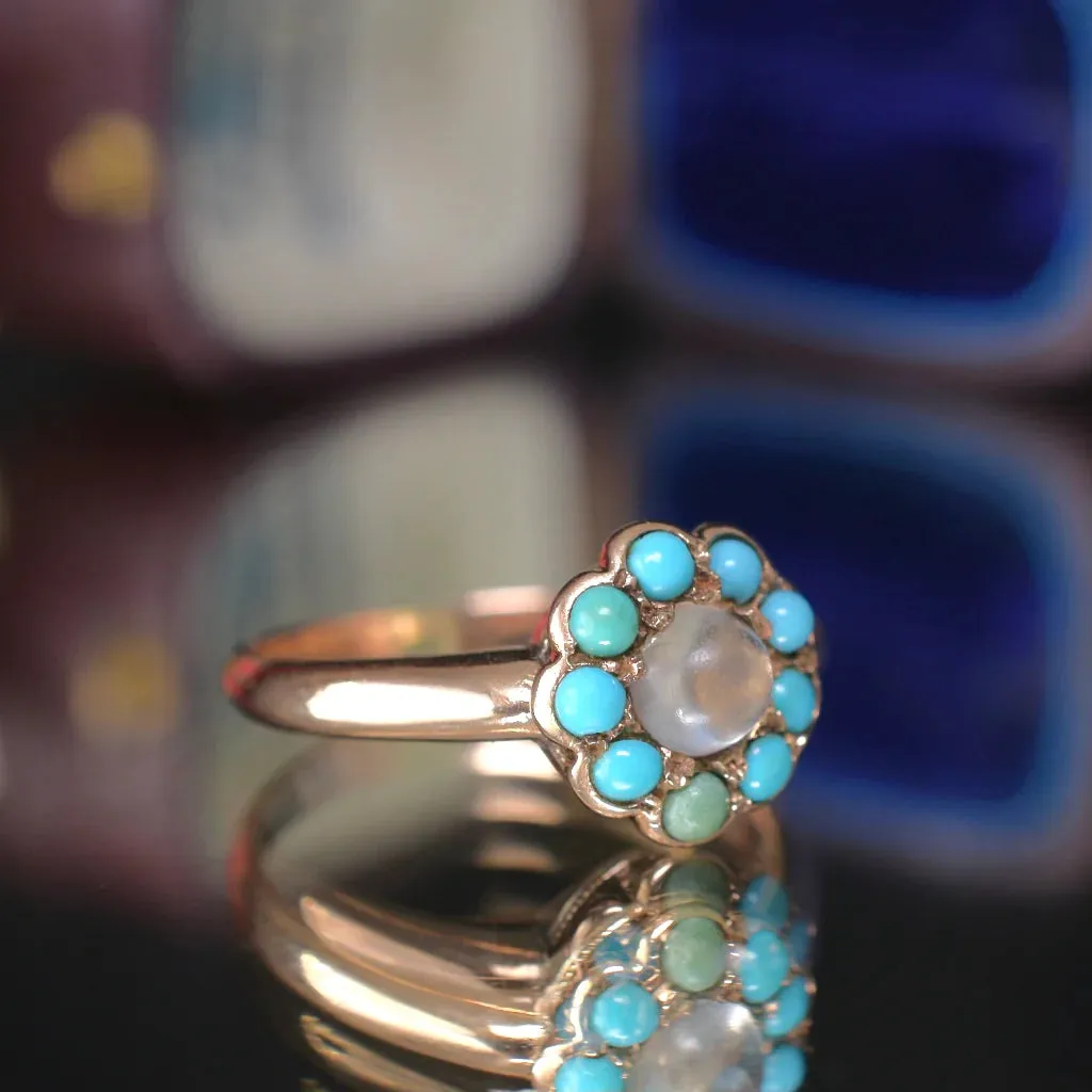 Rainbow Moonstone And Turquoise Round Cut Cluster Vintage Rings  - 14k Rose Gold Vermeil Rings