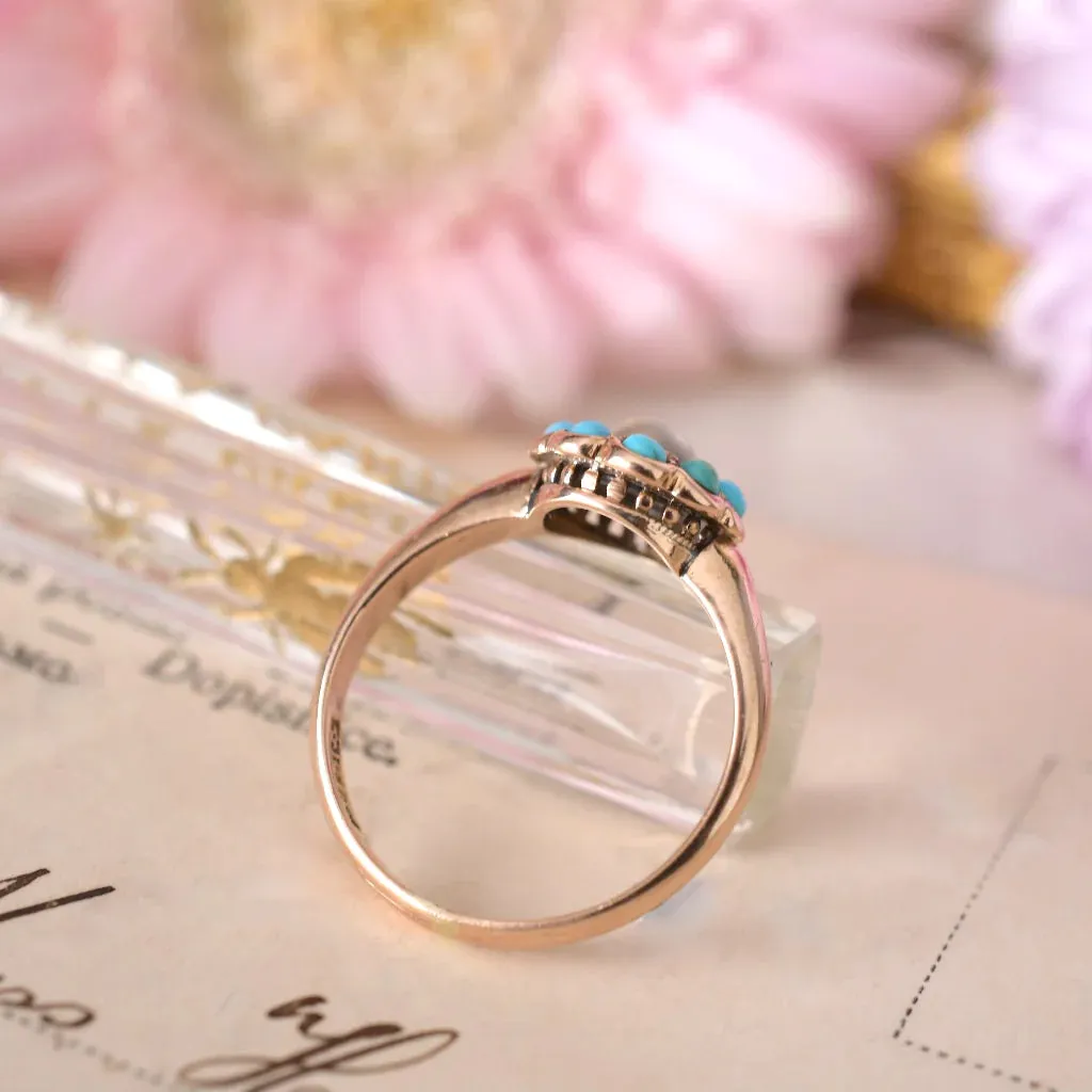 Rainbow Moonstone And Turquoise Round Cut Cluster Vintage Rings  - 14k Rose Gold Vermeil Rings