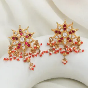 Red kundan 92.5 silver stud with long bead hangings