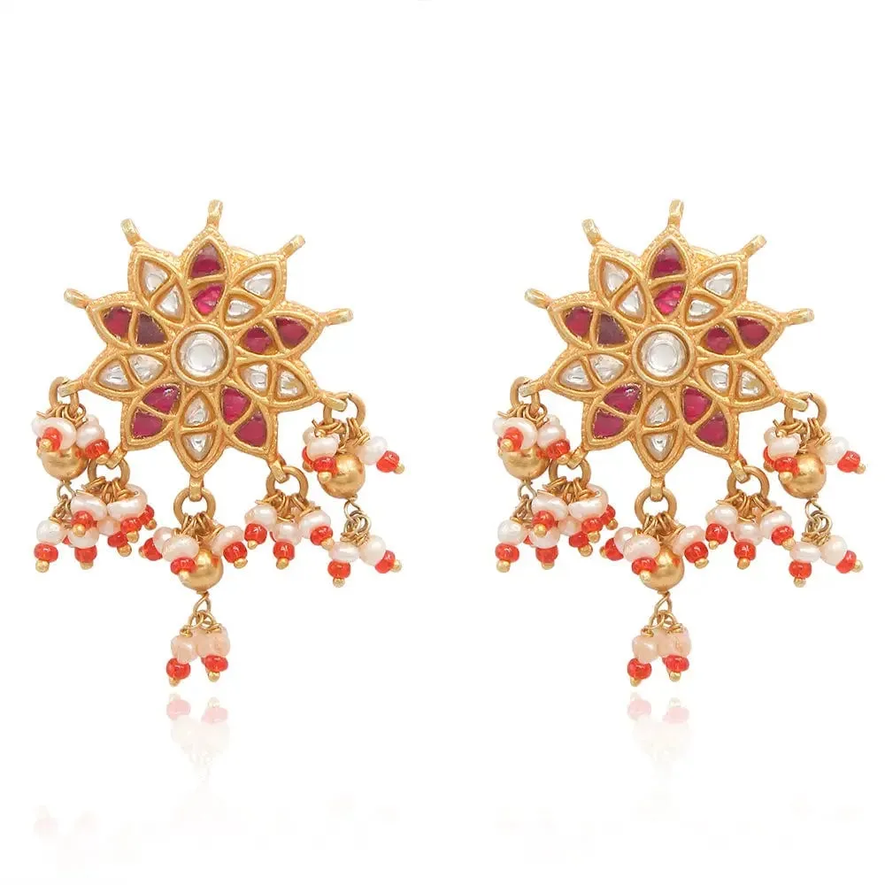 Red kundan 92.5 silver stud with long bead hangings