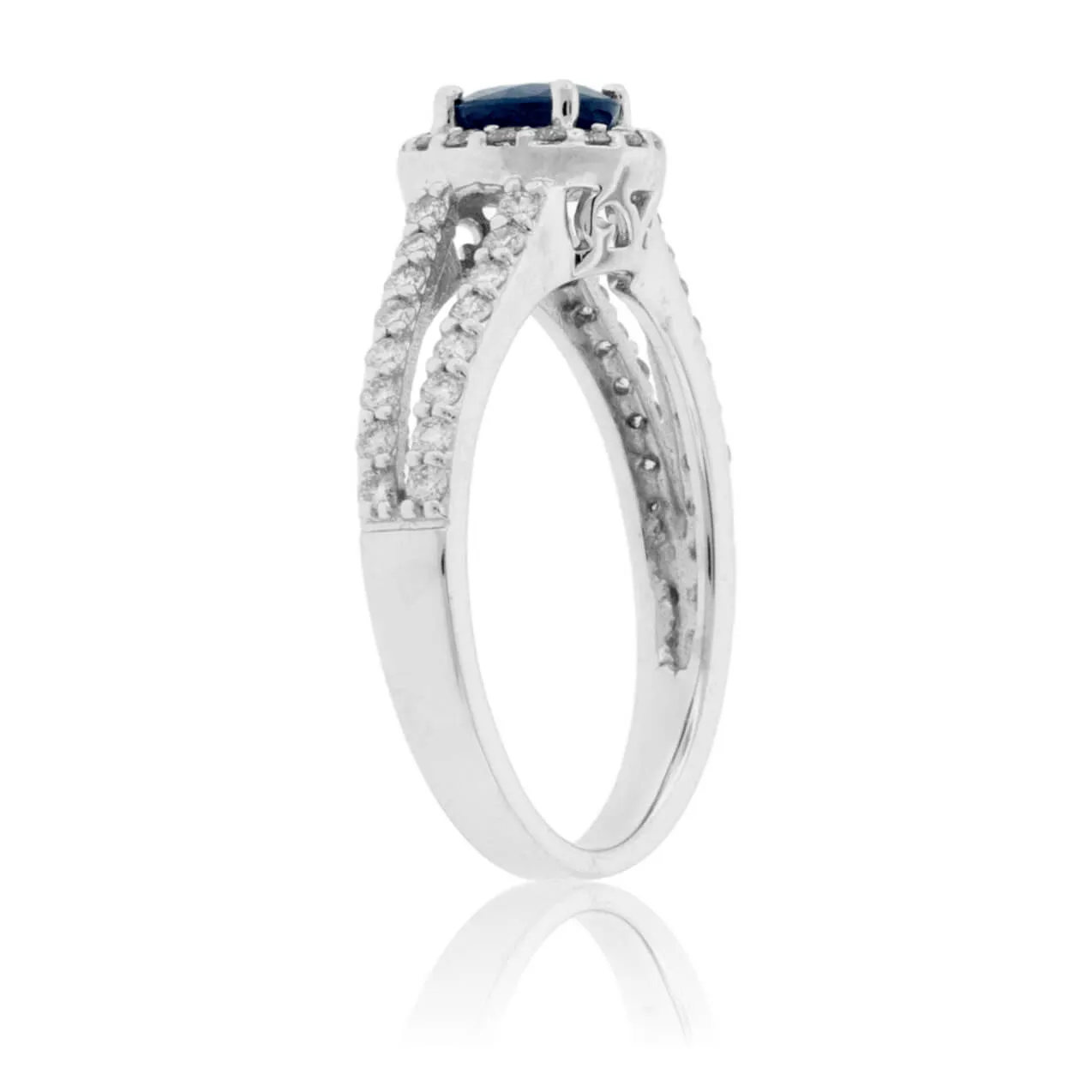 Round Blue Sapphire & Diamond Halo Split Shank Ring