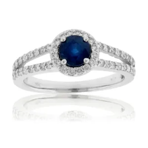 Round Blue Sapphire & Diamond Halo Split Shank Ring