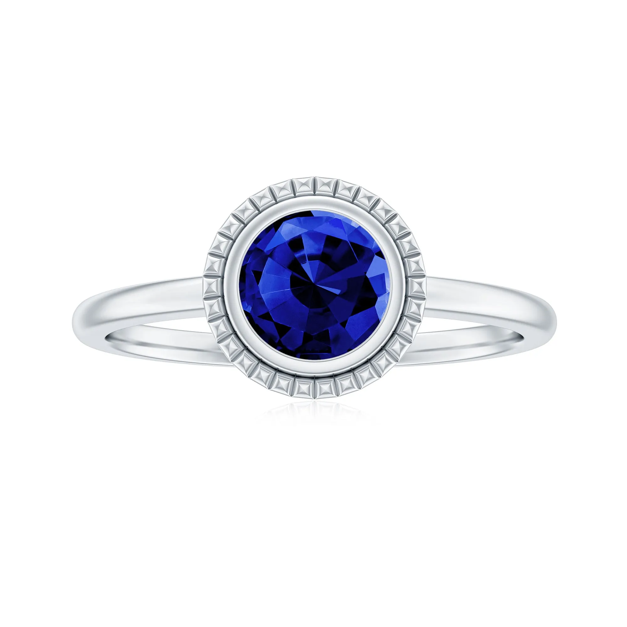 Round Lab-Created Blue Sapphire Solitaire Gold Ring in Bezel Setting