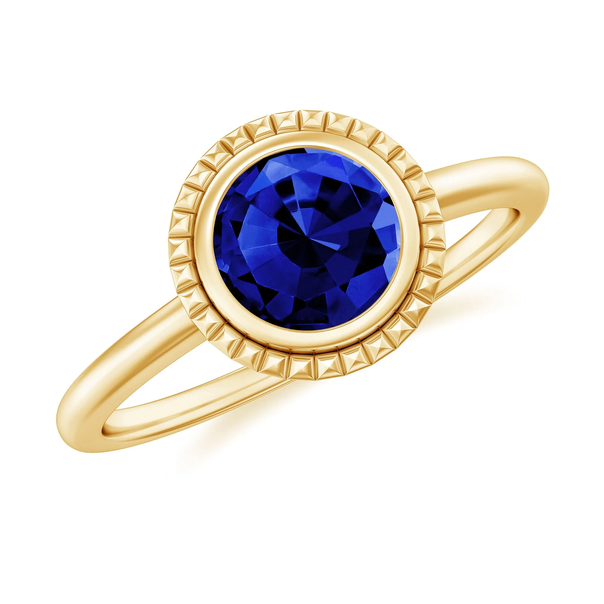 Round Lab-Created Blue Sapphire Solitaire Gold Ring in Bezel Setting