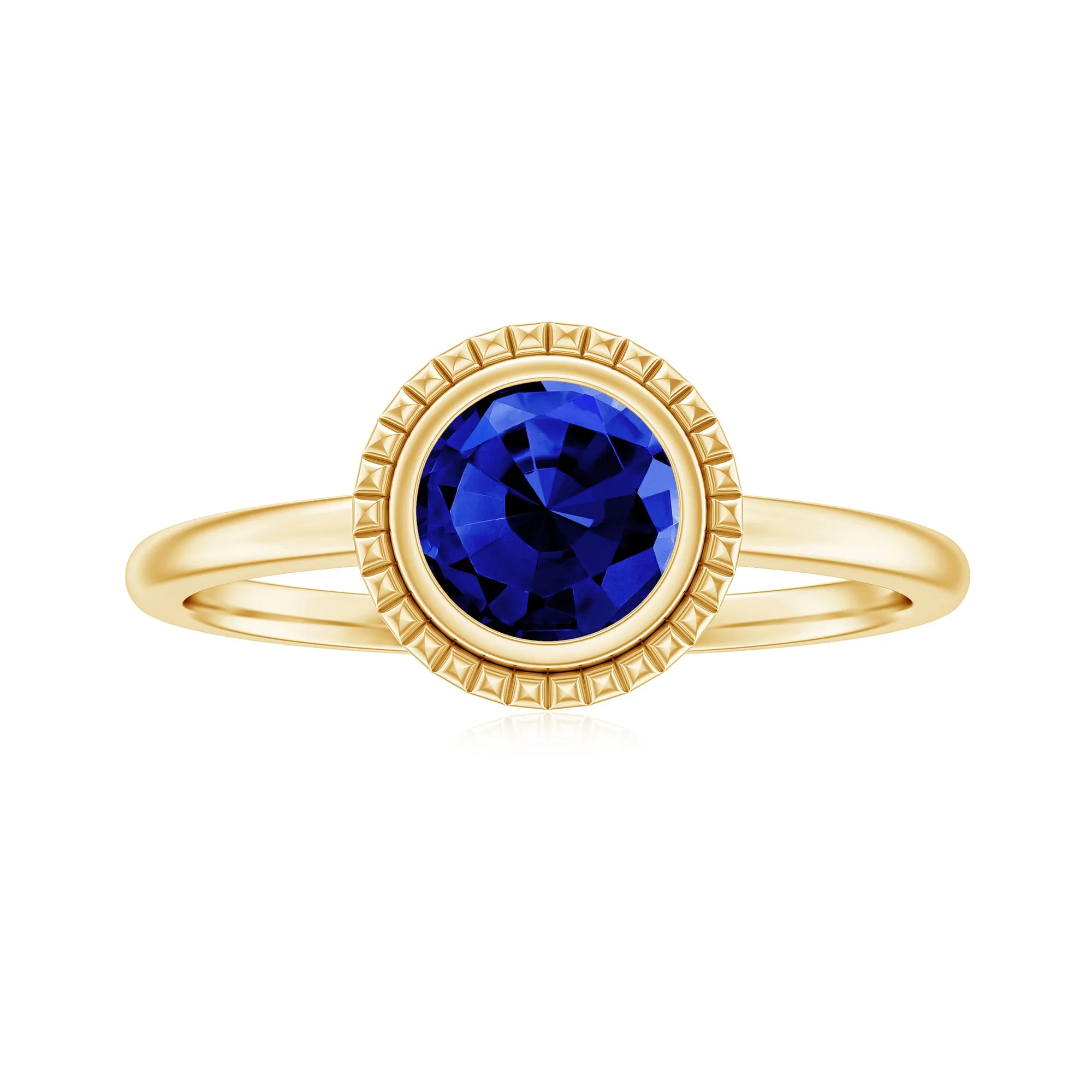 Round Lab-Created Blue Sapphire Solitaire Gold Ring in Bezel Setting