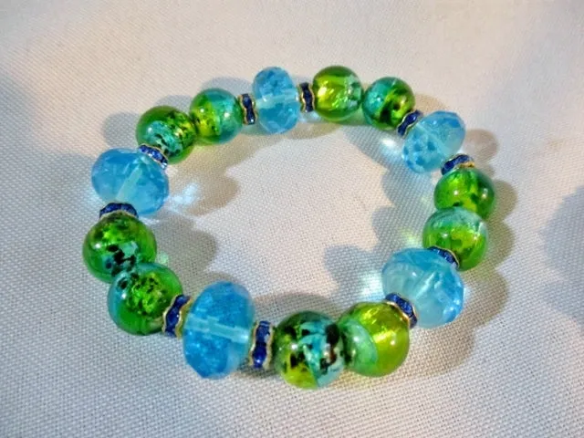 Set 4 TURQUOISE GREEN BLUE SILVER BRACELET BEAD STONE Rhinestone Glass