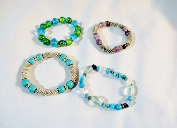 Set 4 TURQUOISE GREEN BLUE SILVER BRACELET BEAD STONE Rhinestone Glass