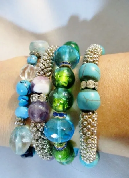 Set 4 TURQUOISE GREEN BLUE SILVER BRACELET BEAD STONE Rhinestone Glass