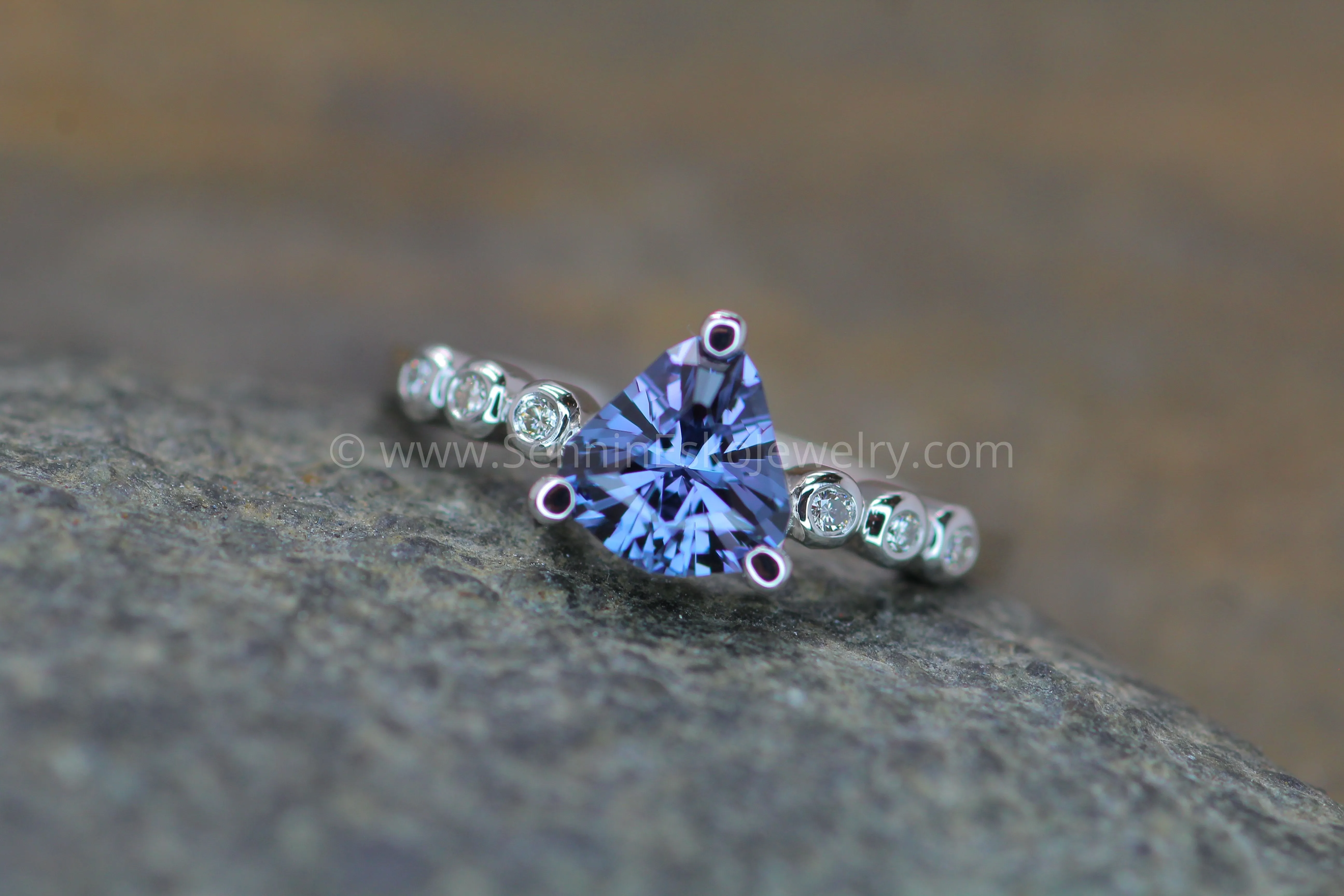 Seven Stone Diamond Accented Prong Setting - Depicted with a Lilac Spinel (Setting Only, Center Stone Sold Separately)