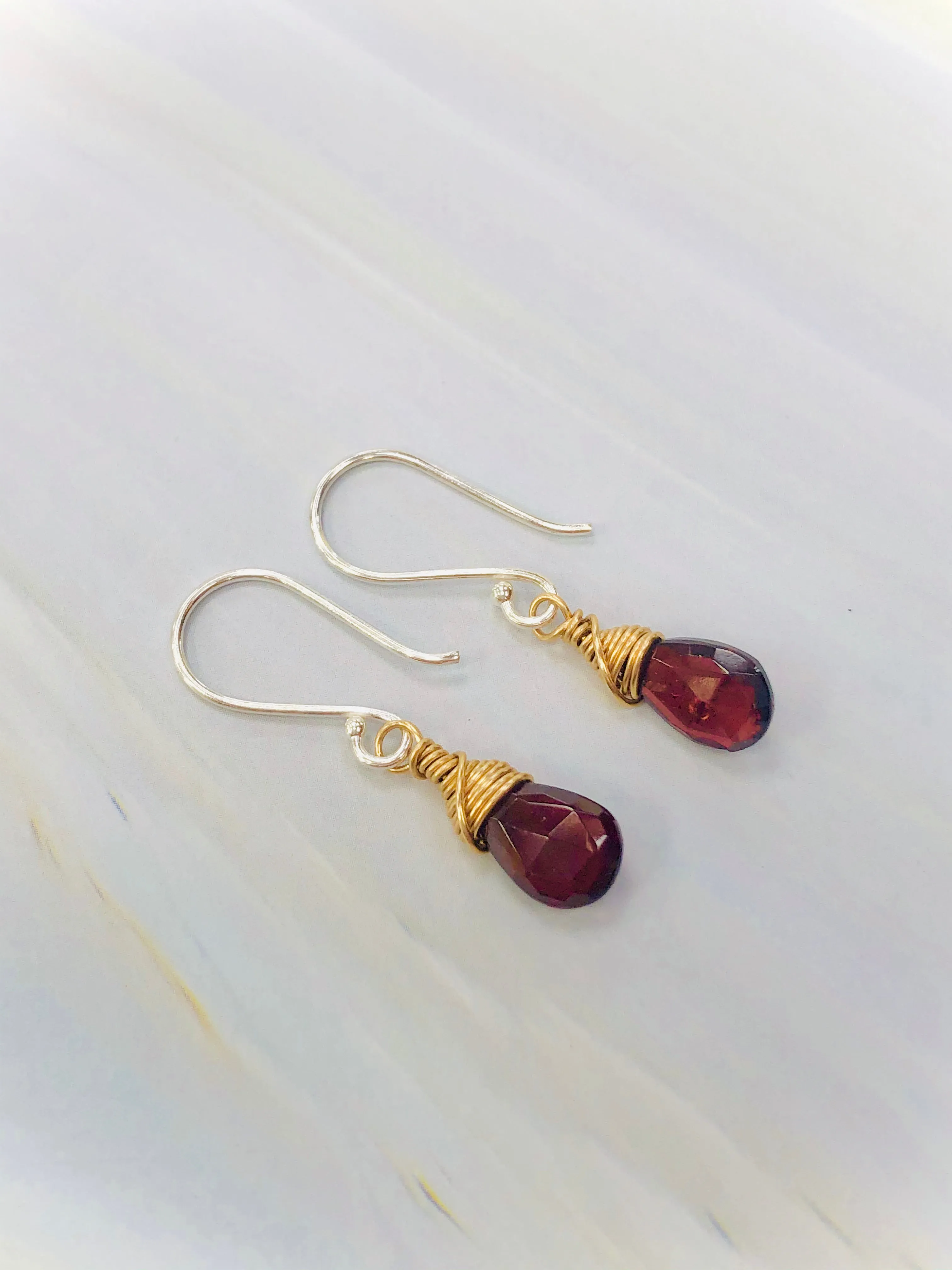 Silver and Gold Faceted Garnet earrings, Mixed metal Garnet Earrings