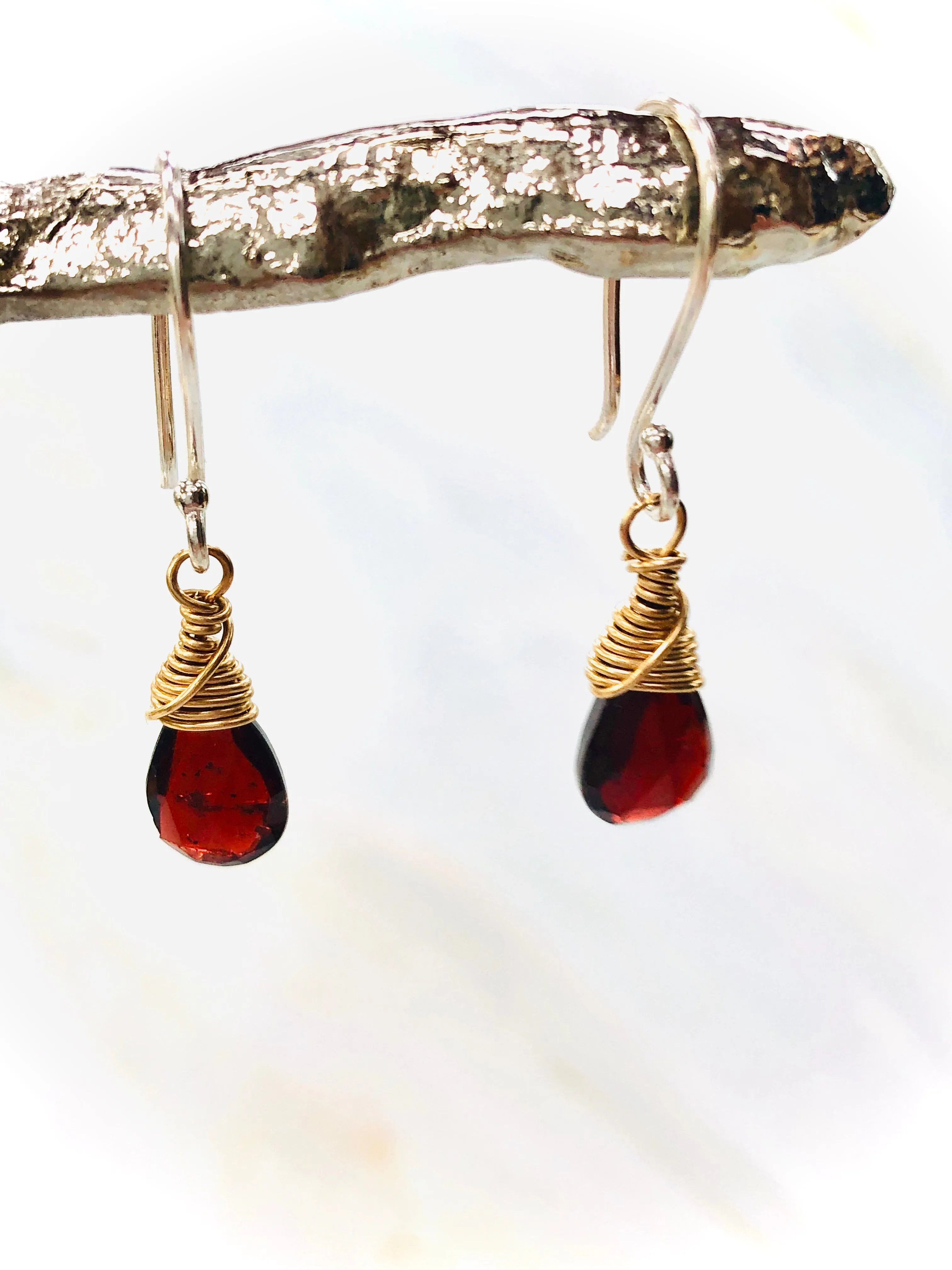 Silver and Gold Faceted Garnet earrings, Mixed metal Garnet Earrings