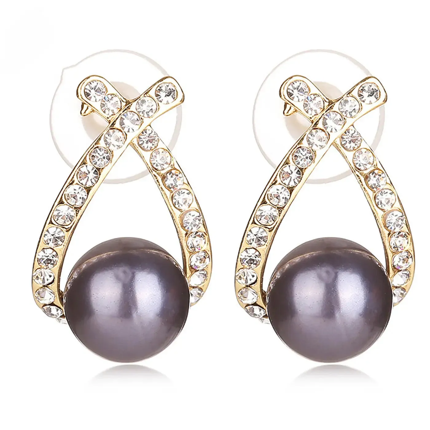 Simulated Silver Pearl Earrings Bridal Crystal 18K Gold Plated Rhinestone Intersect Earring