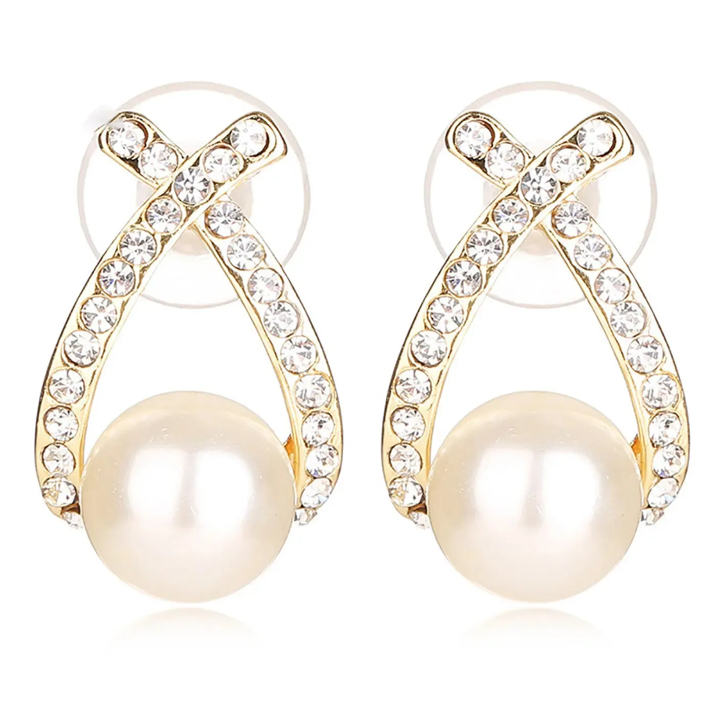 Simulated Silver Pearl Earrings Bridal Crystal 18K Gold Plated Rhinestone Intersect Earring