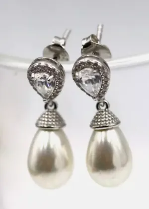 Sterling Silver 925 CZ-Set Shell Pearl Drop Post Earrings