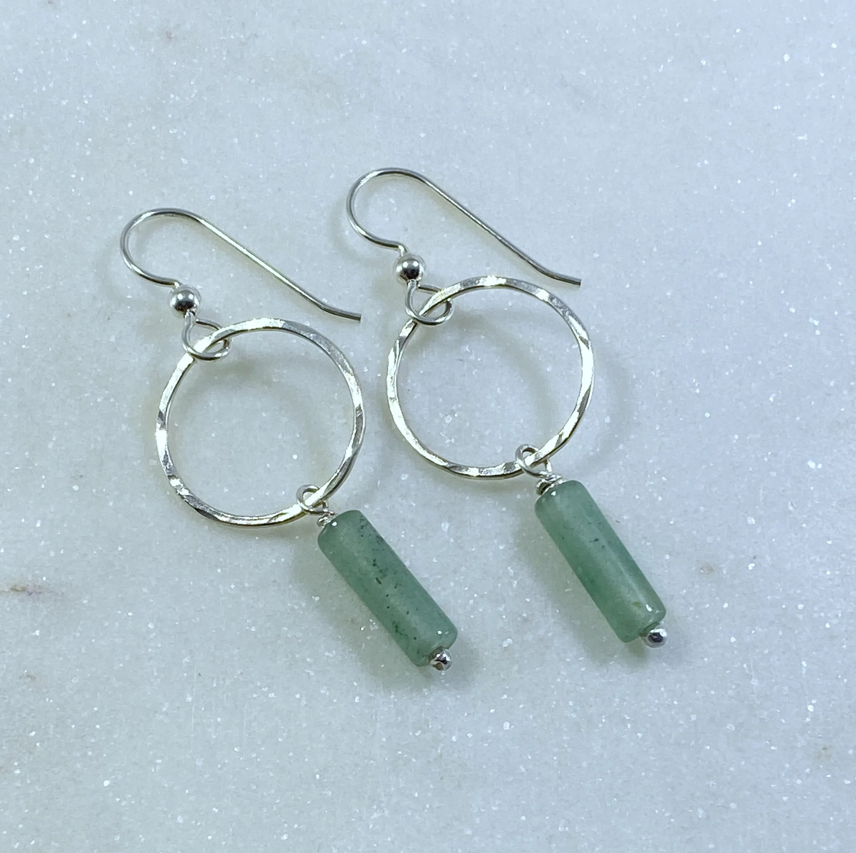 Sterling silver forged hoop earrings with aventurine gemstones