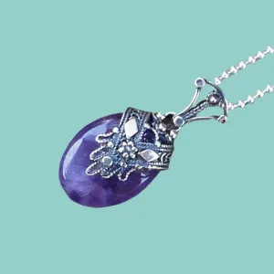 Sterling Silver Necklace for Woman,  Amethyst pendant filigree hamsa